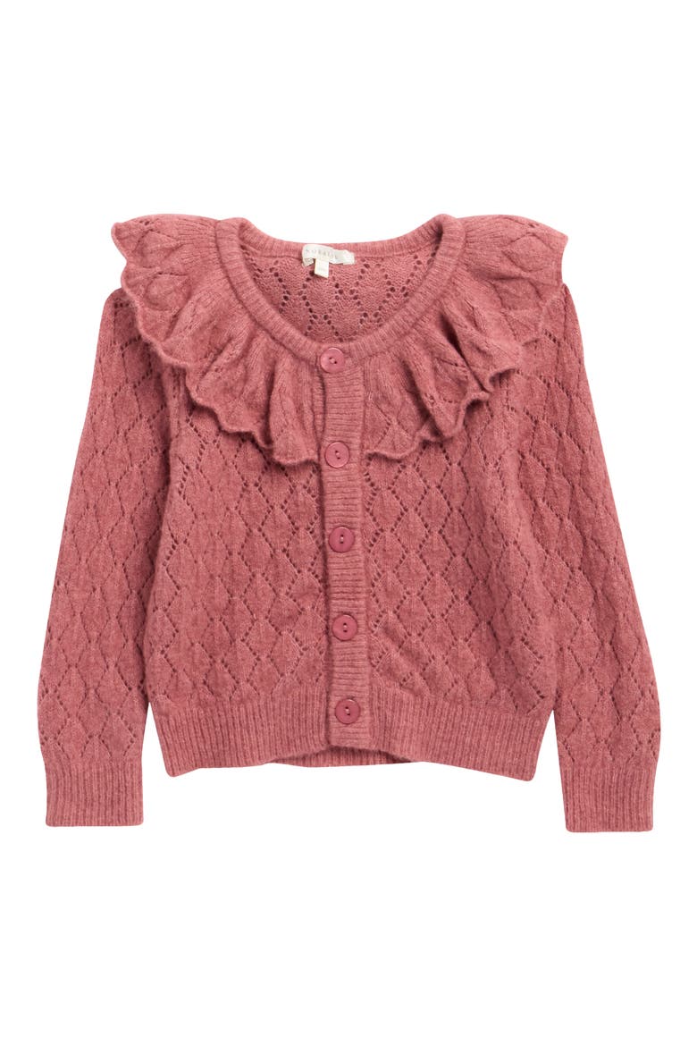 Kids' Ruffle Diamond Pointelle Cardigan, Main, color, RASPBERRY
