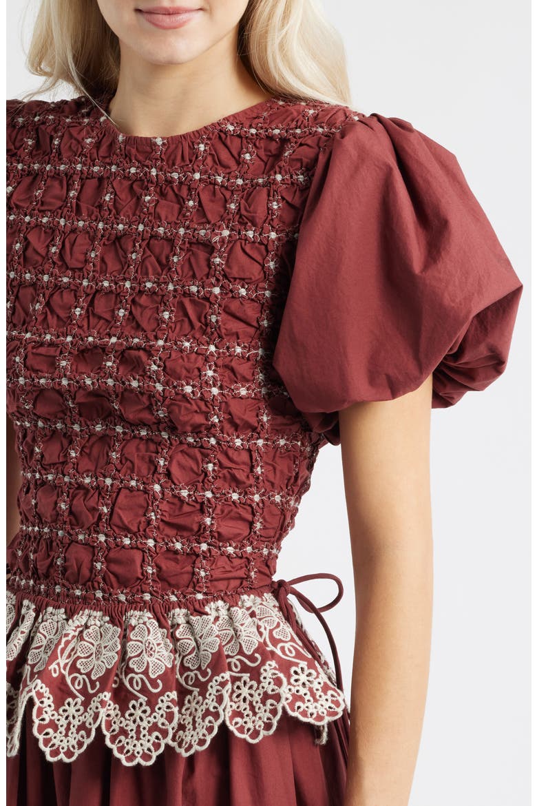 Audrey Smocked Puff Sleeve Organic Cotton Midi Dress, Alternate, color, RED