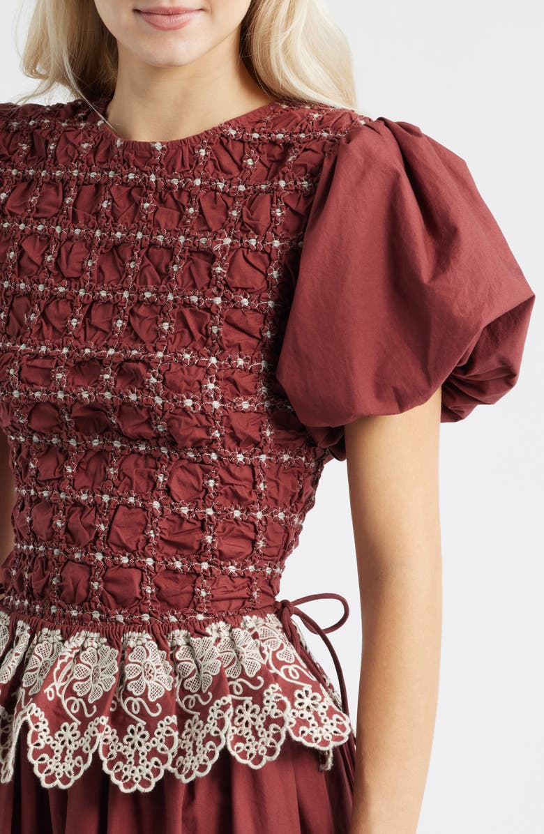 Damson Madder Audrey Smocked Puff Sleeve Organic Cotton Midi Dress, Alternate, color, 