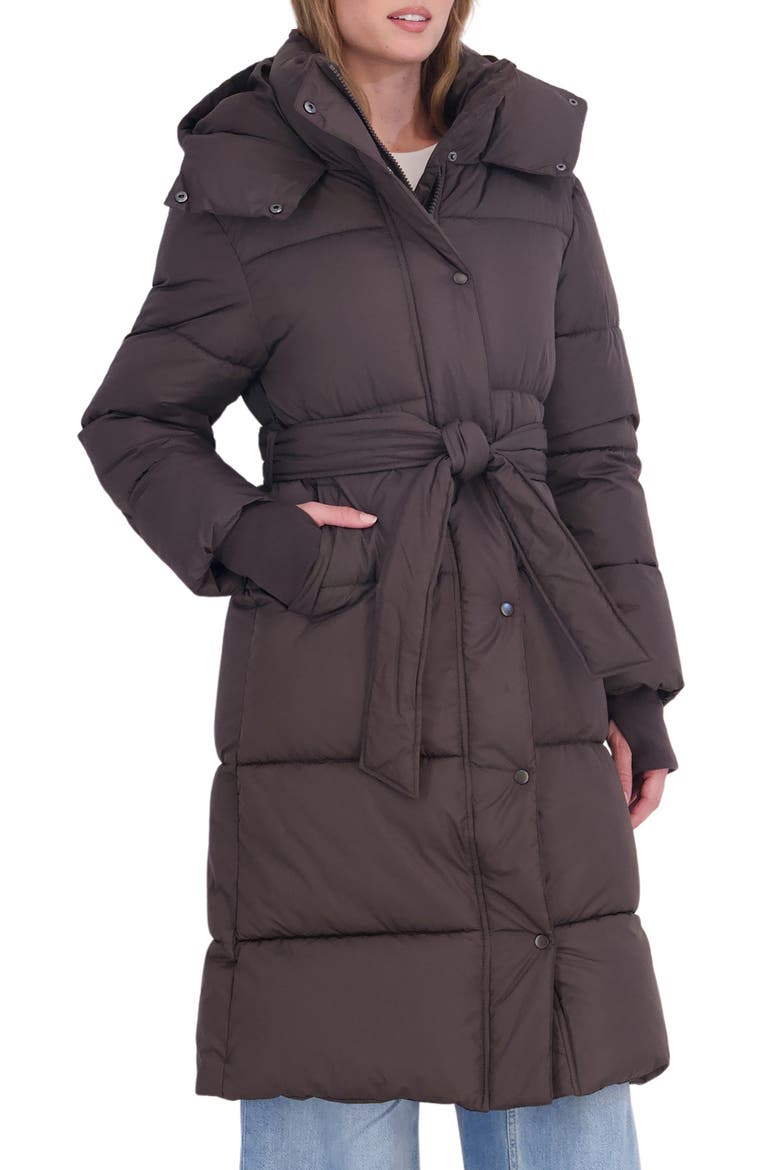 Belted Water Resistant Puffer Coat, Alternate, color, BROWN