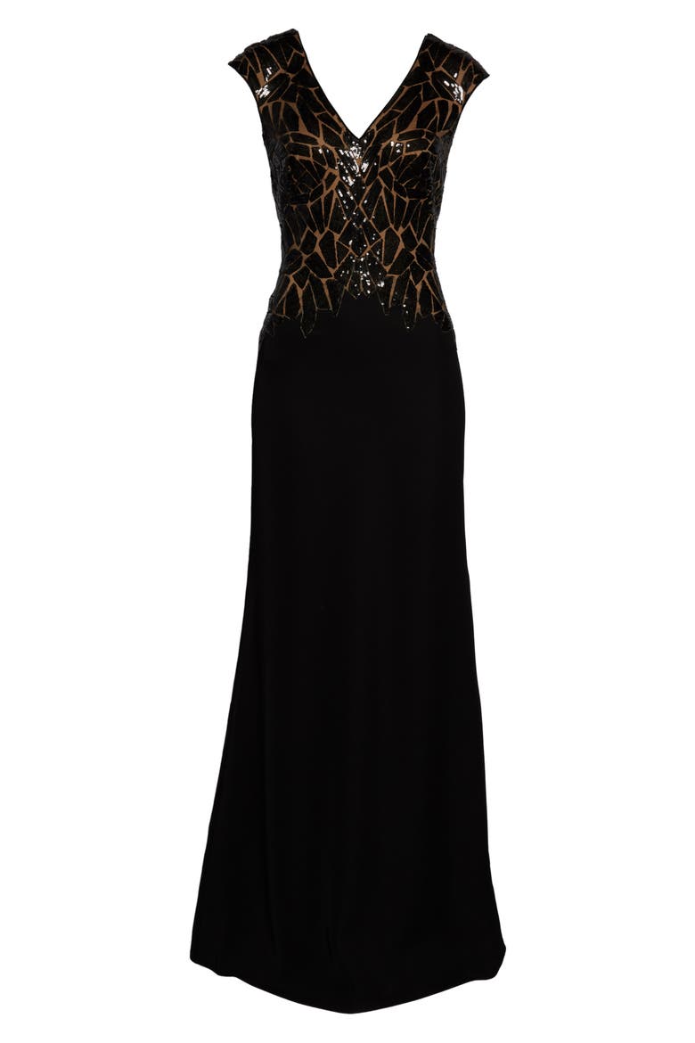 Sequin & Crepe Evening Dress, Alternate, color, BLACK/ NUDE