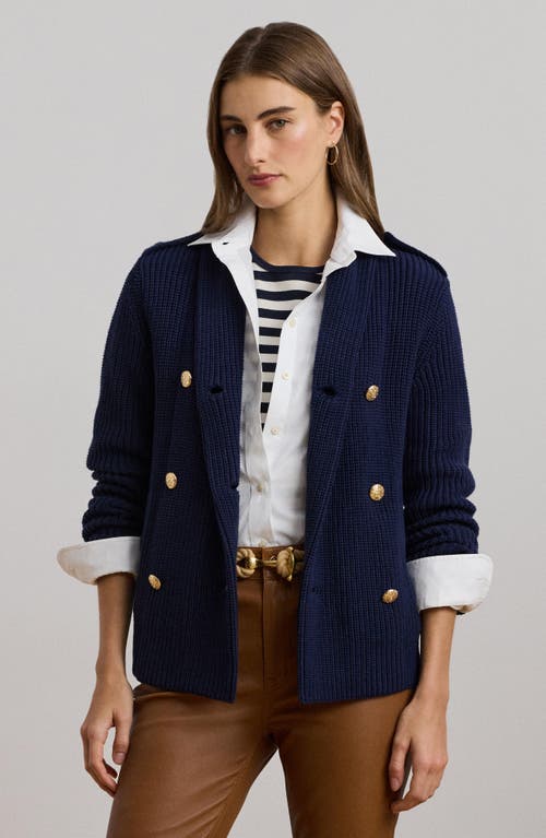 Shop Ralph Lauren Lauren Wilmat Double Breasted Cotton Cardigan In Refined Navy