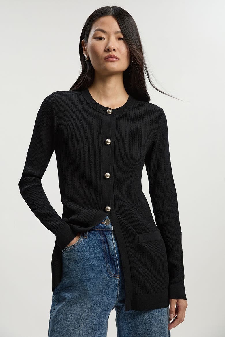 Dome Button Longline Knitted Cardi, Main, color, Black