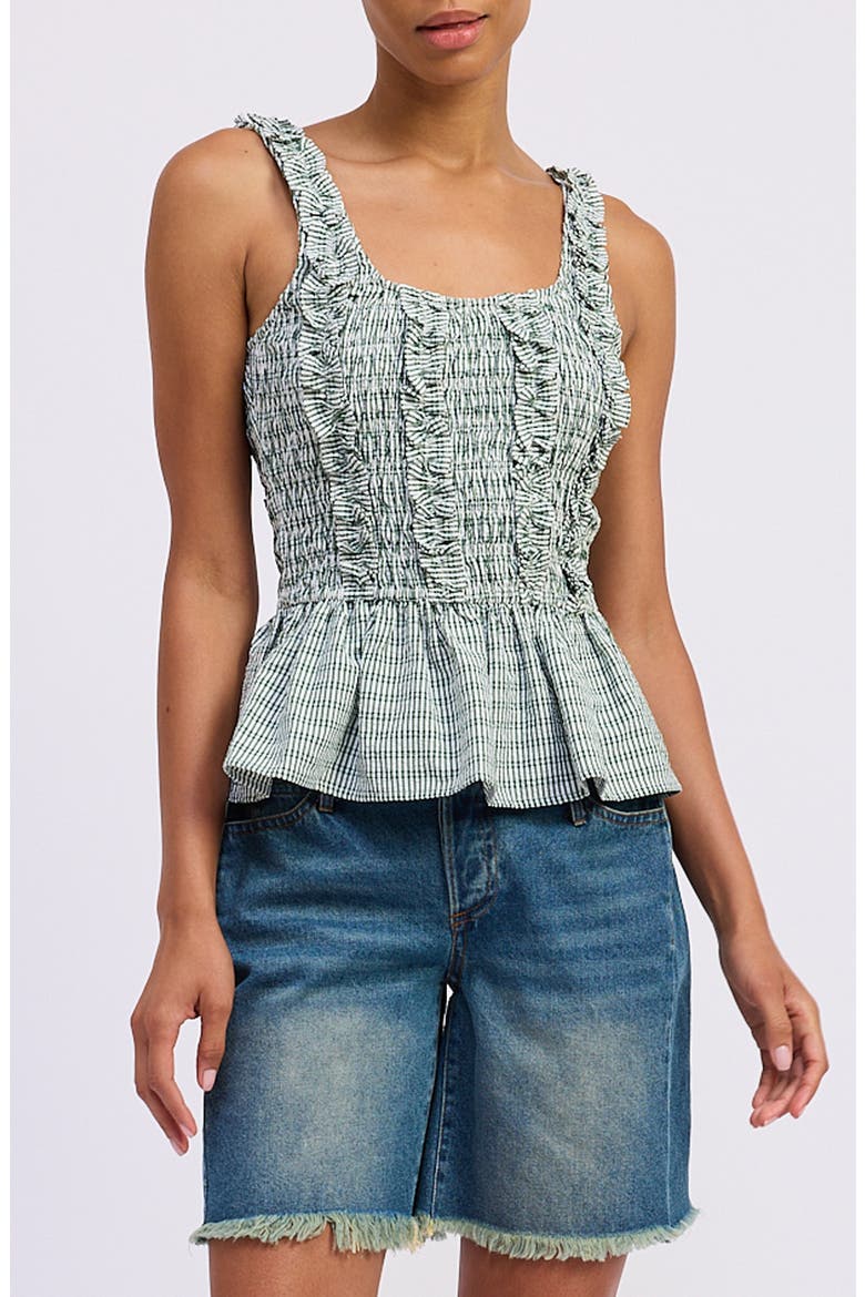 Kismet Ruffle Smocked Peplum Seersucker Top, Main, color, WHITE GREEN