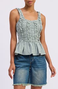 JACQUIE THE LABEL Kismet Ruffle Smocked Peplum Seersucker Top