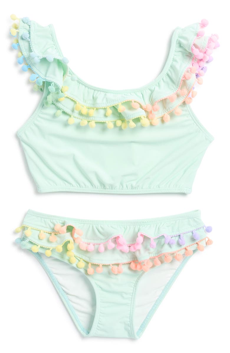 PQ SWIM Kids' Pompom Ruffled Two-Piece Swimsuit, Main, color, 