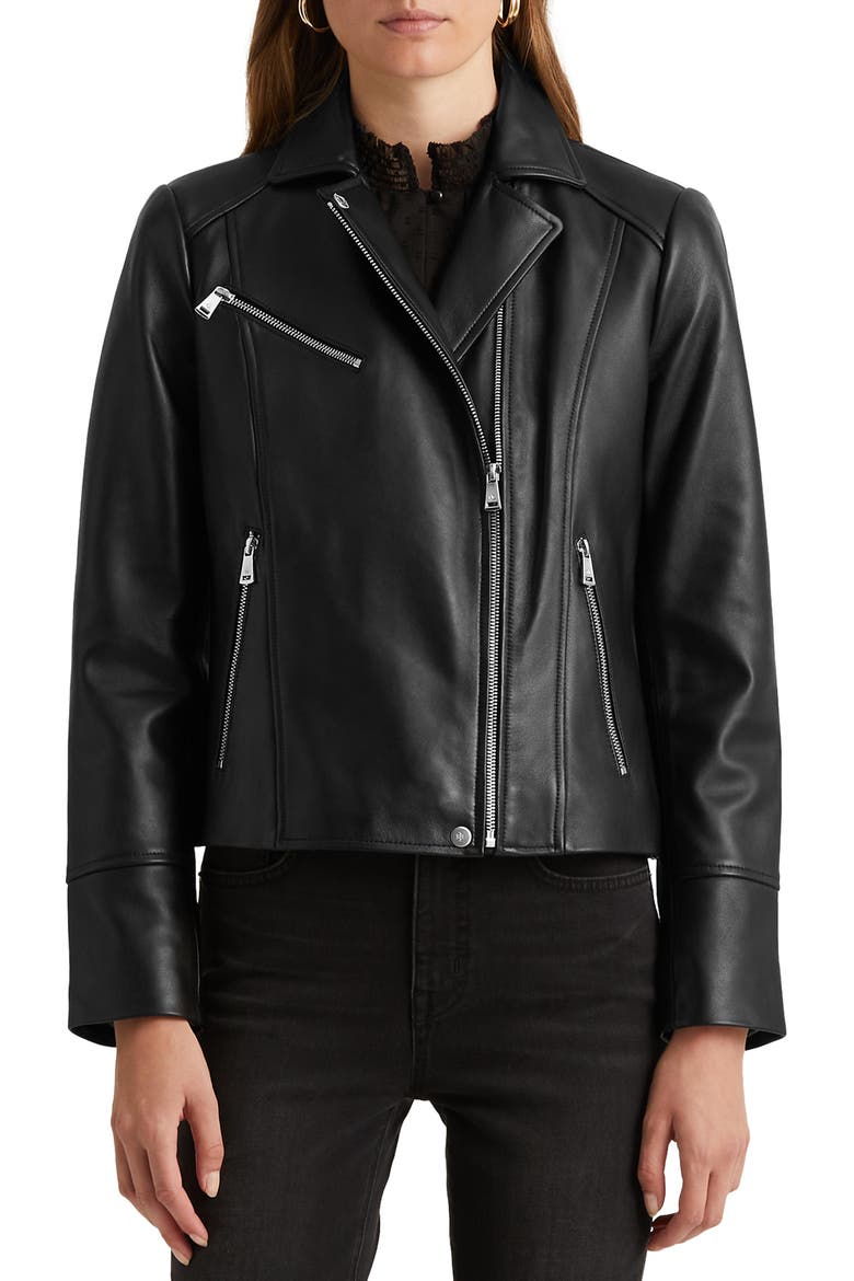 Lambskin Leather Moto Jacket, Main, color, BLACK