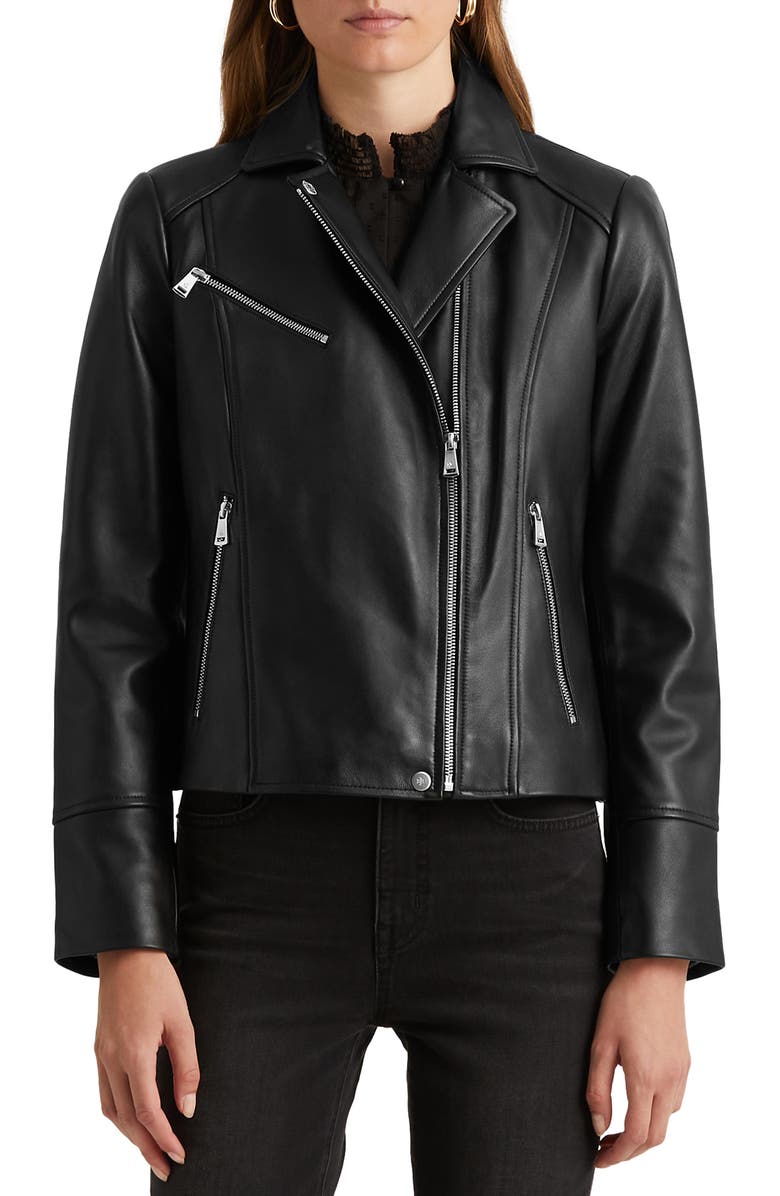 Lauren Ralph Lauren Lambskin Leather Moto Jacket, Main, color,