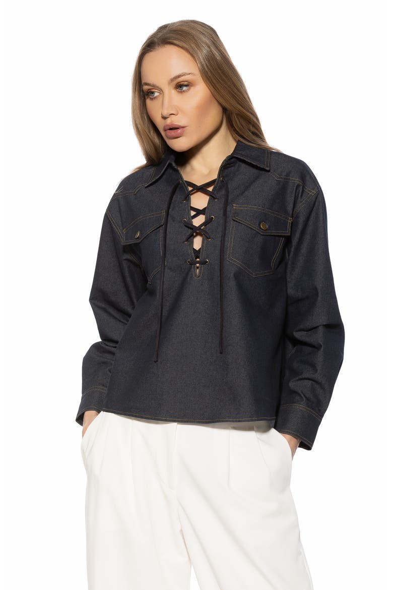 Thalina Lace-Up Western Shirt, Alternate, color, DARK DENIM