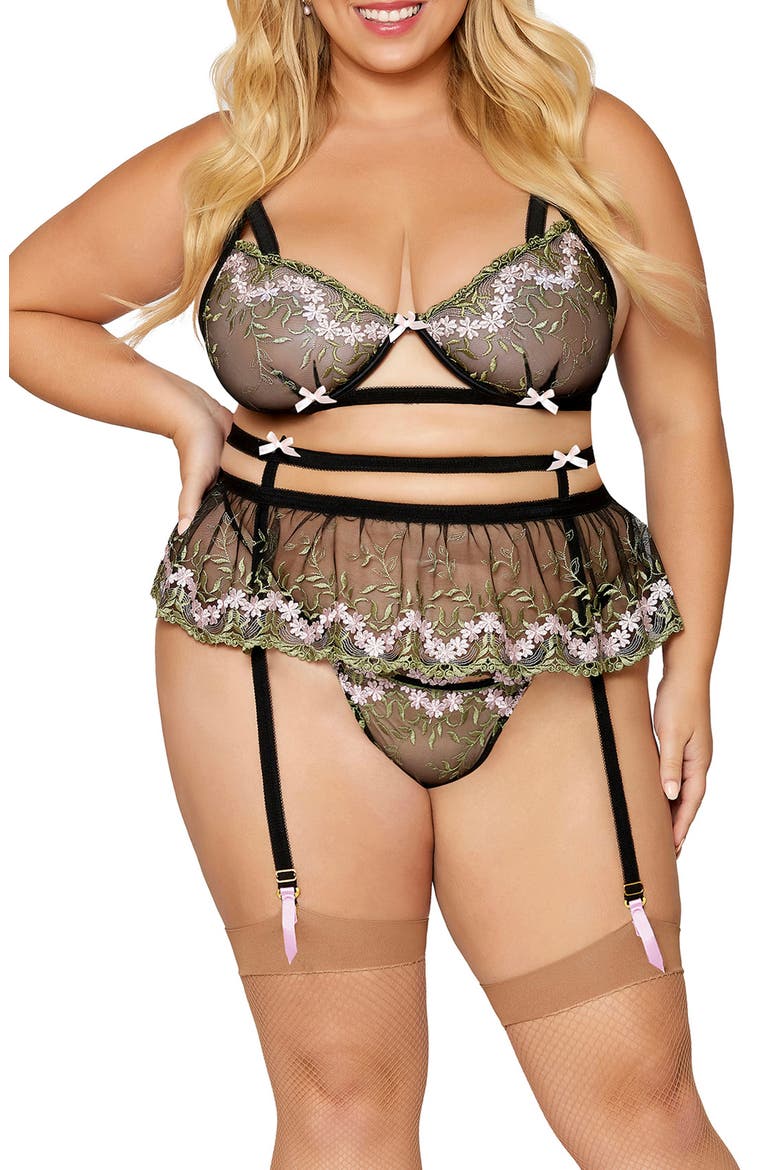 Embroidered Underwire Bra, Garter Belt & Thong Set, Alternate, color, BLACK/PINK