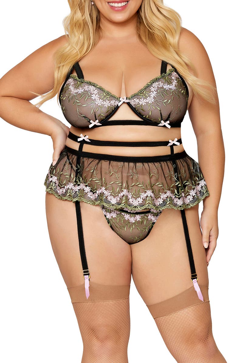 Dreamgirl Embroidered Underwire Bra, Garter Belt & Thong Set, Alternate, color, 