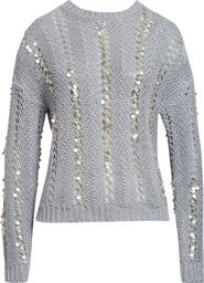 Eleventy Paillette Hand Knit Cotton & Linen Blend Pointelle Sweater