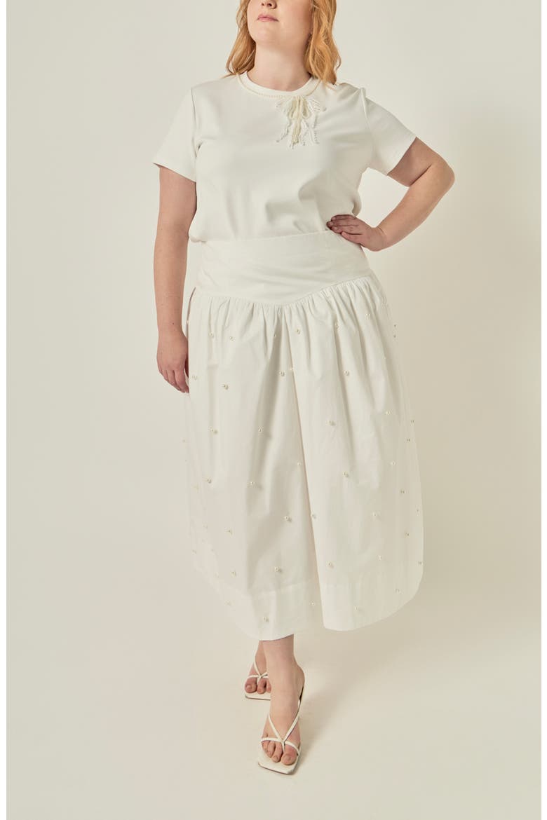 Imitation Pearl Studded Cotton Poplin Midi Skirt, Alternate, color, WHITE