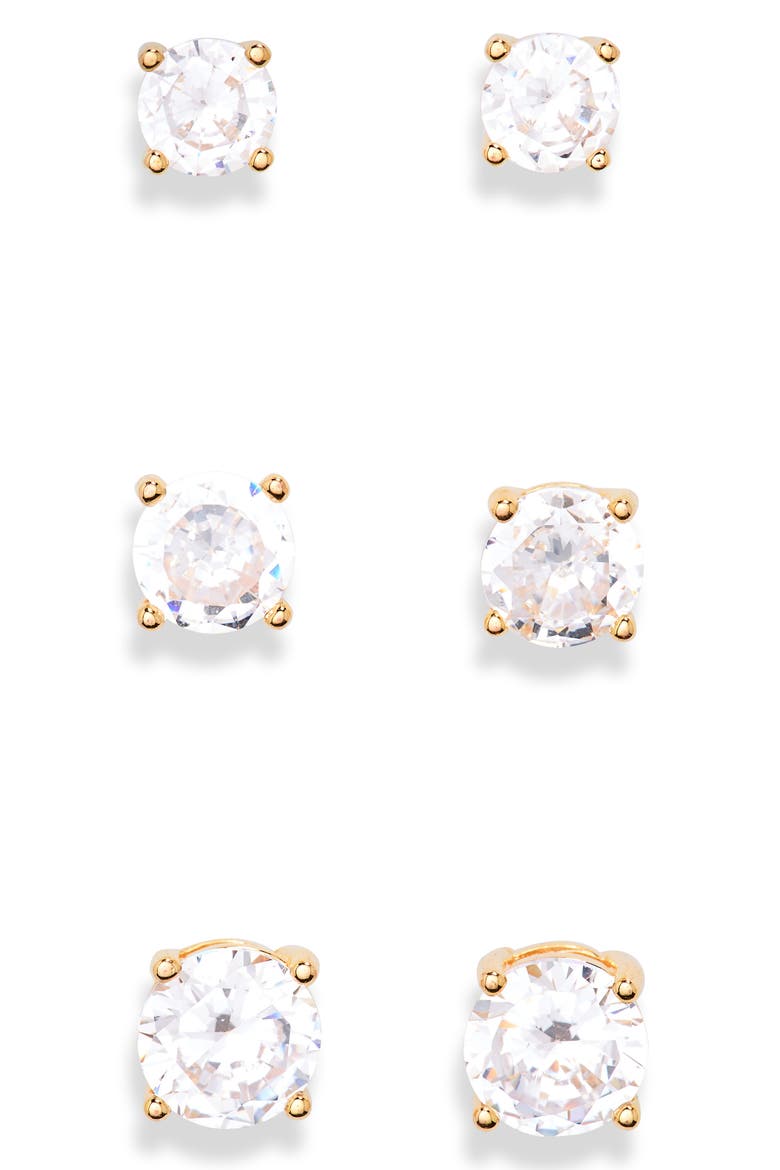 Set of 3 Stud Earrings, Main, color, CLEAR- GOLD