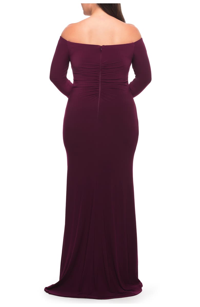 La Femme Long Sleeve Off the Shoulder Plus Size Gown, Alternate, color, Dark Berry