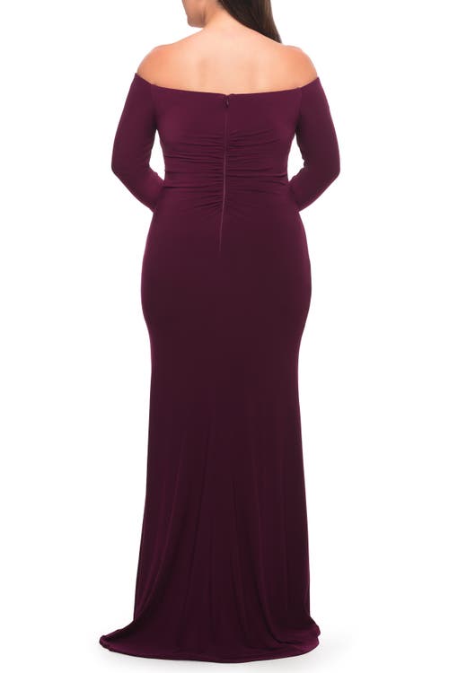 La Femme Long Sleeve Off The Shoulder Plus Size Gown In Purple