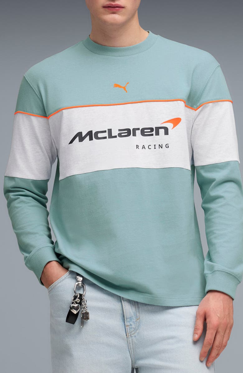 PUMA McLaren Long Sleeve Cotton Graphic T-Shirt, Main, color, Seafoam