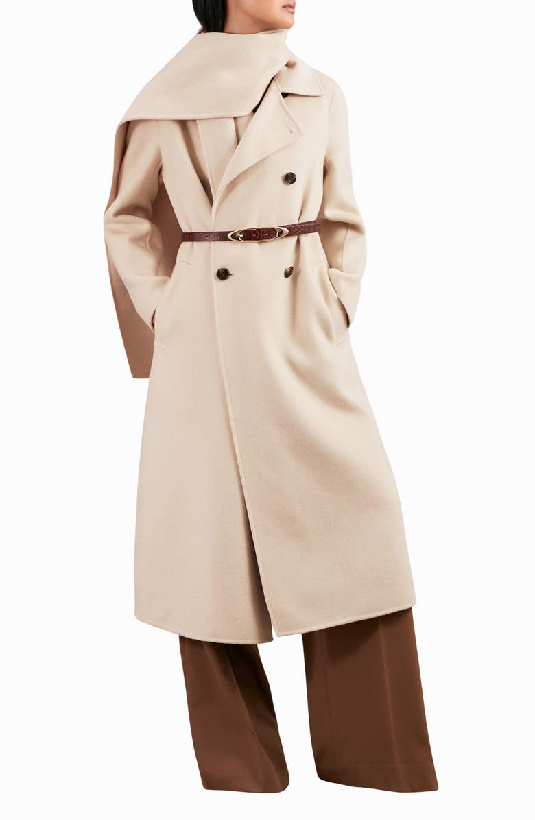 Reiss Indira Double Breasted Wool Blend Coat with Scarf, Main, color, Cream