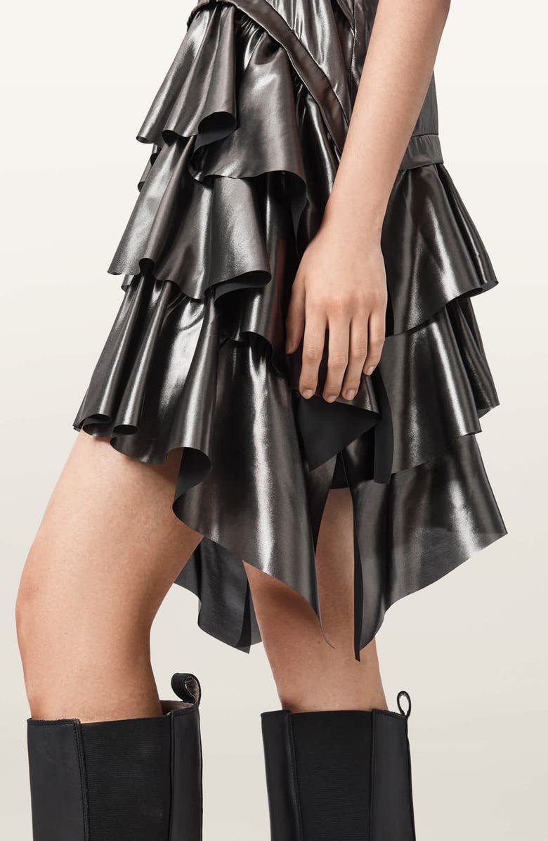 AllSaints Ruffle Racerback Tank Dress, Alternate, color, Metallic Silver