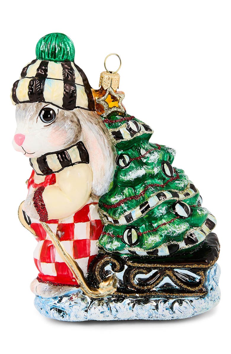 MACKENZIE CHILDS Check it Out Christmas Hare Glass Ornament, Main, color, Green