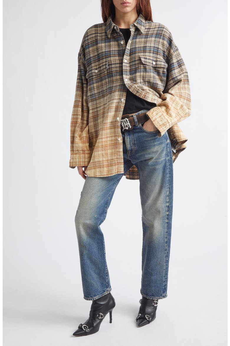 Dip Dye Plaid Button-Up Boyfriend Shirt, Alternate, color, DIP BLEACH BLUE YELLOW PLAID