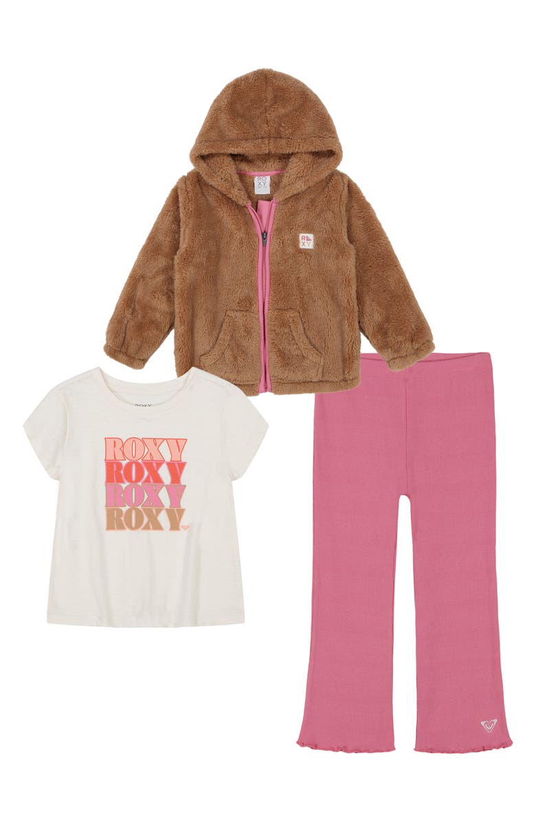 Roxy Logo T-Shirt, Fleece Zip Jacket & Leggings Set, Main, color,