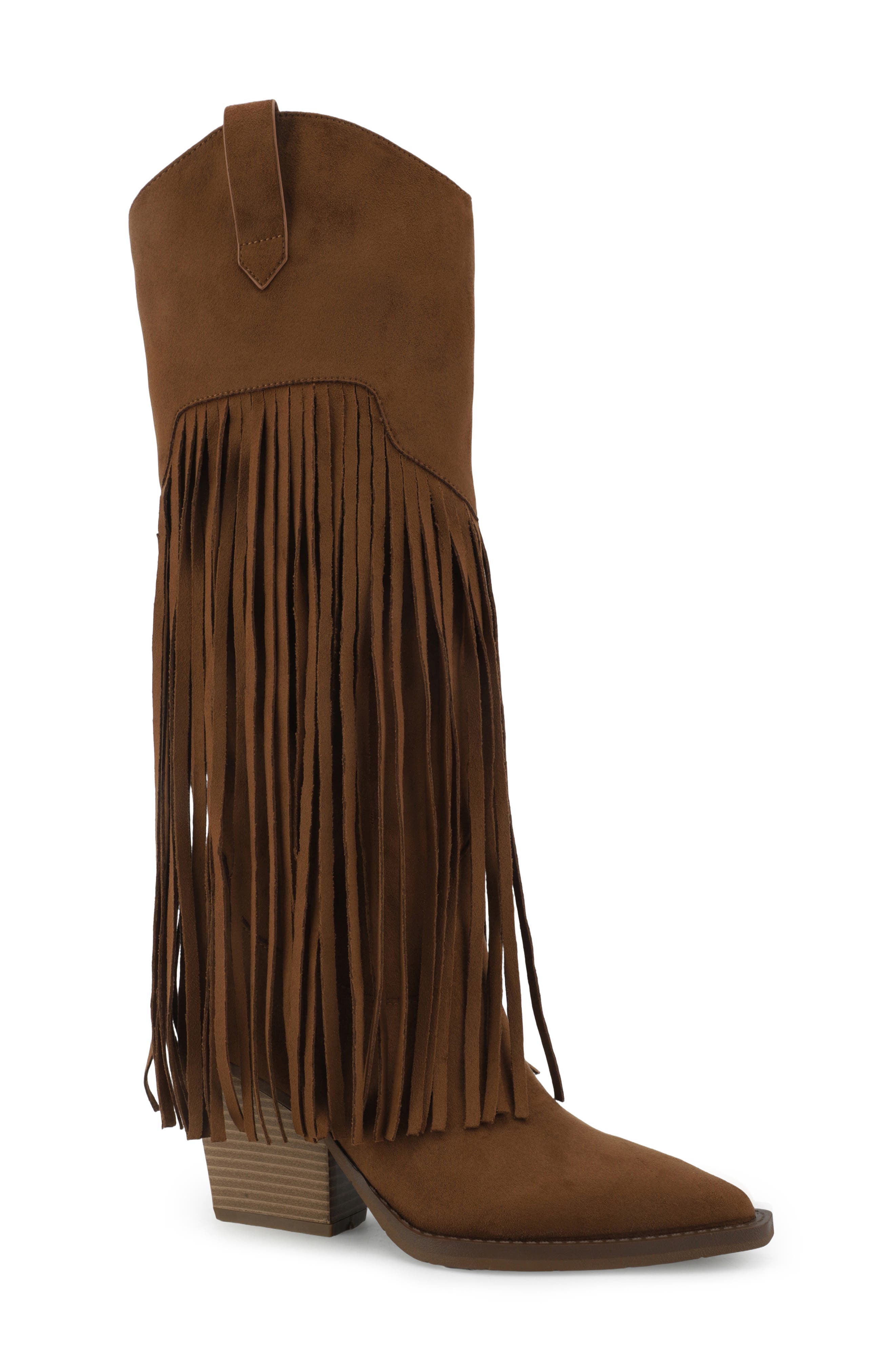 Yuma Fringe Knee High Western Boot, Main, color, COGNAC