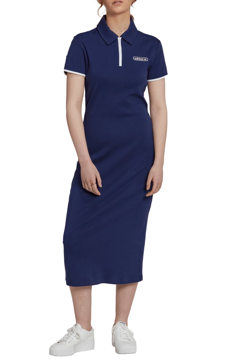 adidas Originals Zip Polo Rib Midi Dress, Main, color, 