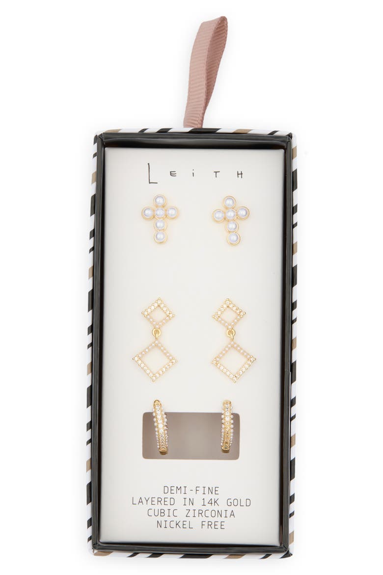 3-Pack Faux Pearl Cross Earrings, Main, color, CLEAR- WHITE- GOLD