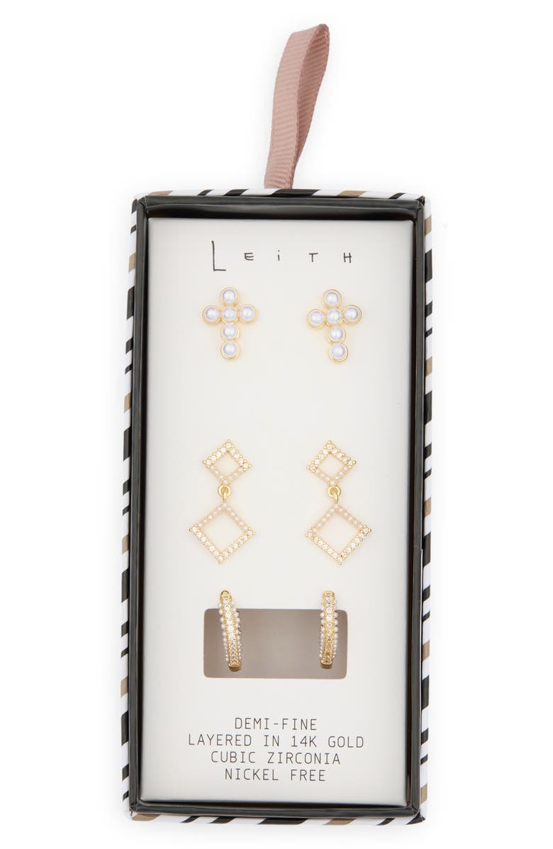 Leith 3-Pack Faux Pearl Cross Earrings, Main, color, Clear- White- Gold