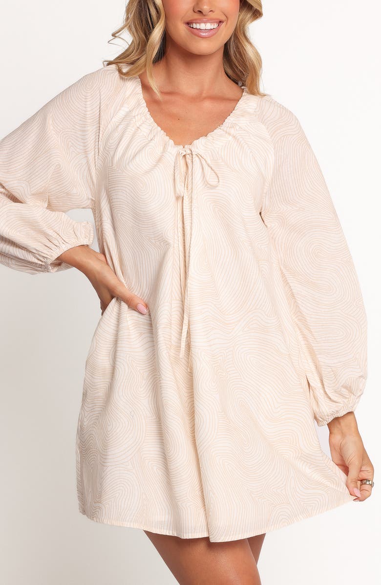 Petal & Pup Walker Woodcut Print Long Sleeve Cotton & Linen Minidress, Alternate, color, Tan Swirl