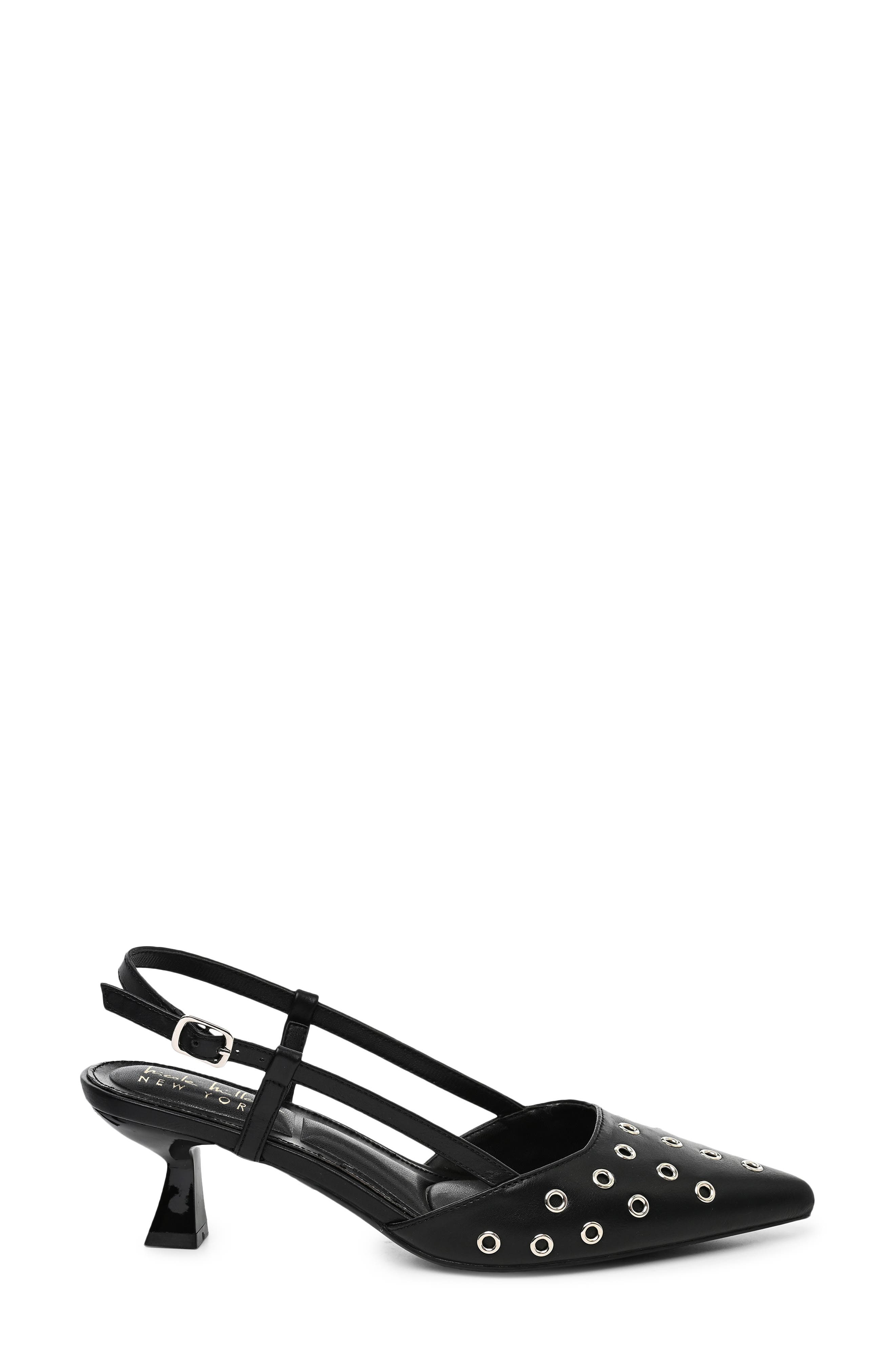 Grommet Pointed Toe Slingback Pump, Alternate, color, BLACK