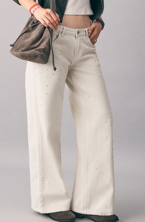 Crystal Embellished Low Rise Wide Leg Jeans