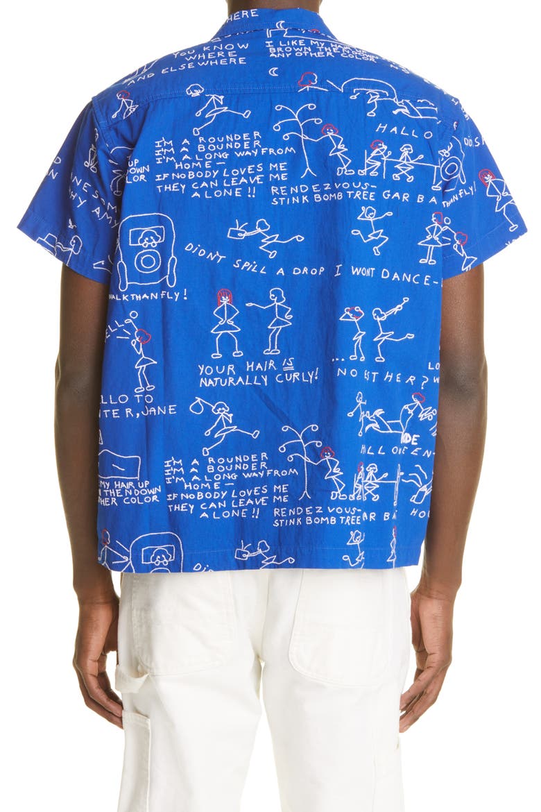 Doodle Scene Embroidered Short Sleeve Cotton Button-Up Shirt, Alternate, color, BLUE