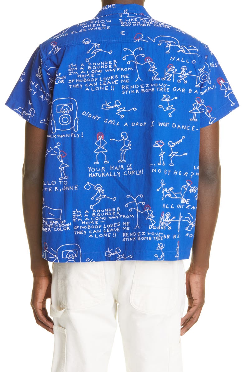 Bode Doodle Scene Embroidered Short Sleeve Cotton Button-Up Shirt, Alternate, color,