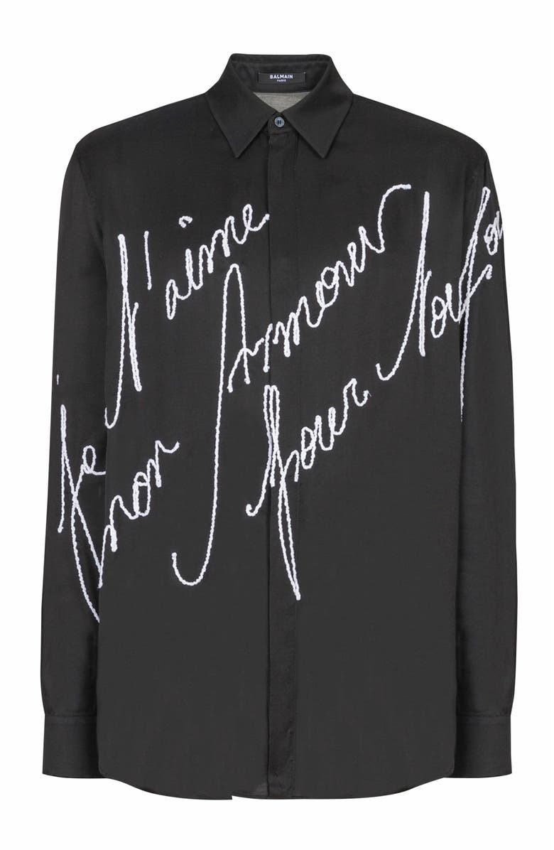 Balmain Loose Shirt With "Love Letter" Embroidery, Main, color, Black