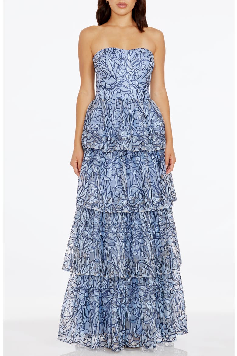Aubriella Beaded Floral Strapless Tiered Gown, Main, color, MINERAL BLUE MULTI