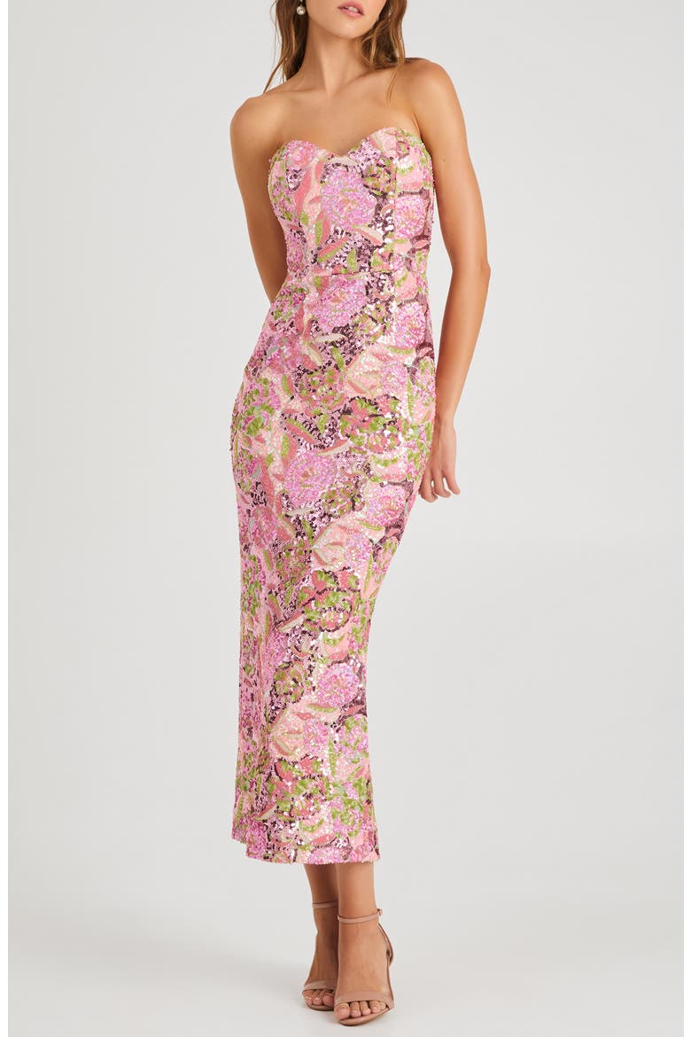 Monique Sequin Strapless Gown, Main, color, PINK/ GREEN FLORAL