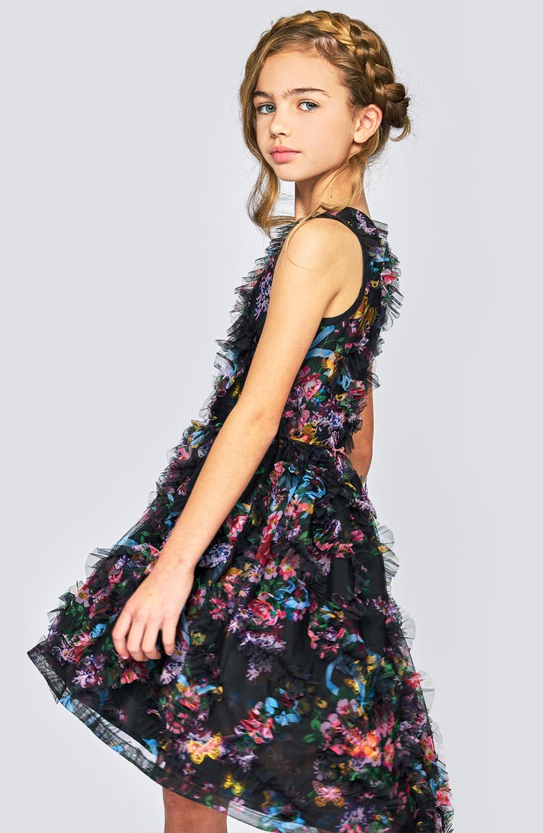 Hannah Banana Kids' Hilo Flower 3D Ruffle Dress, Alternate, color, Black Multi