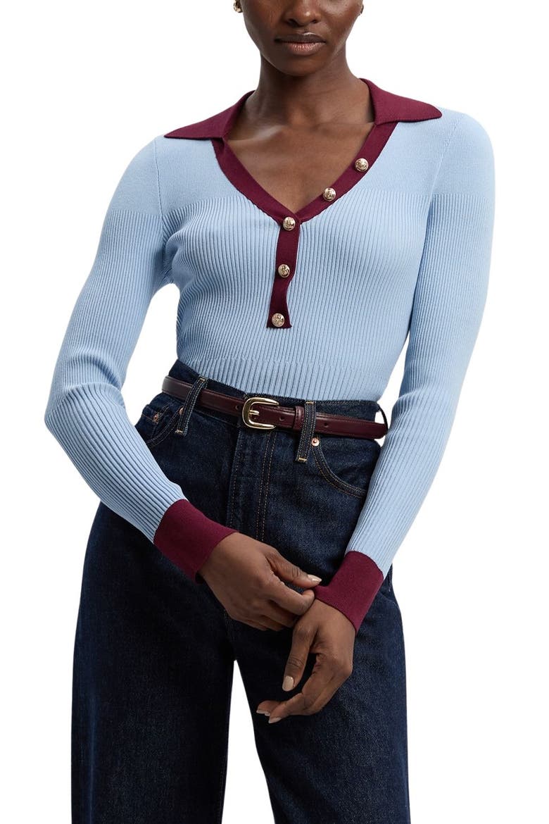 Rib Knit Contrast Hem Collared Top, Alternate, color, Light Blue
