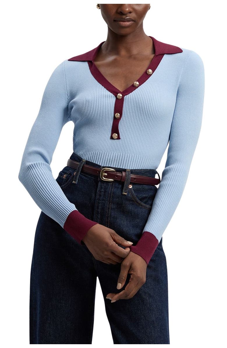 Karen Millen Rib Knit Contrast Hem Collared Top, Alternate, color, Light Blue