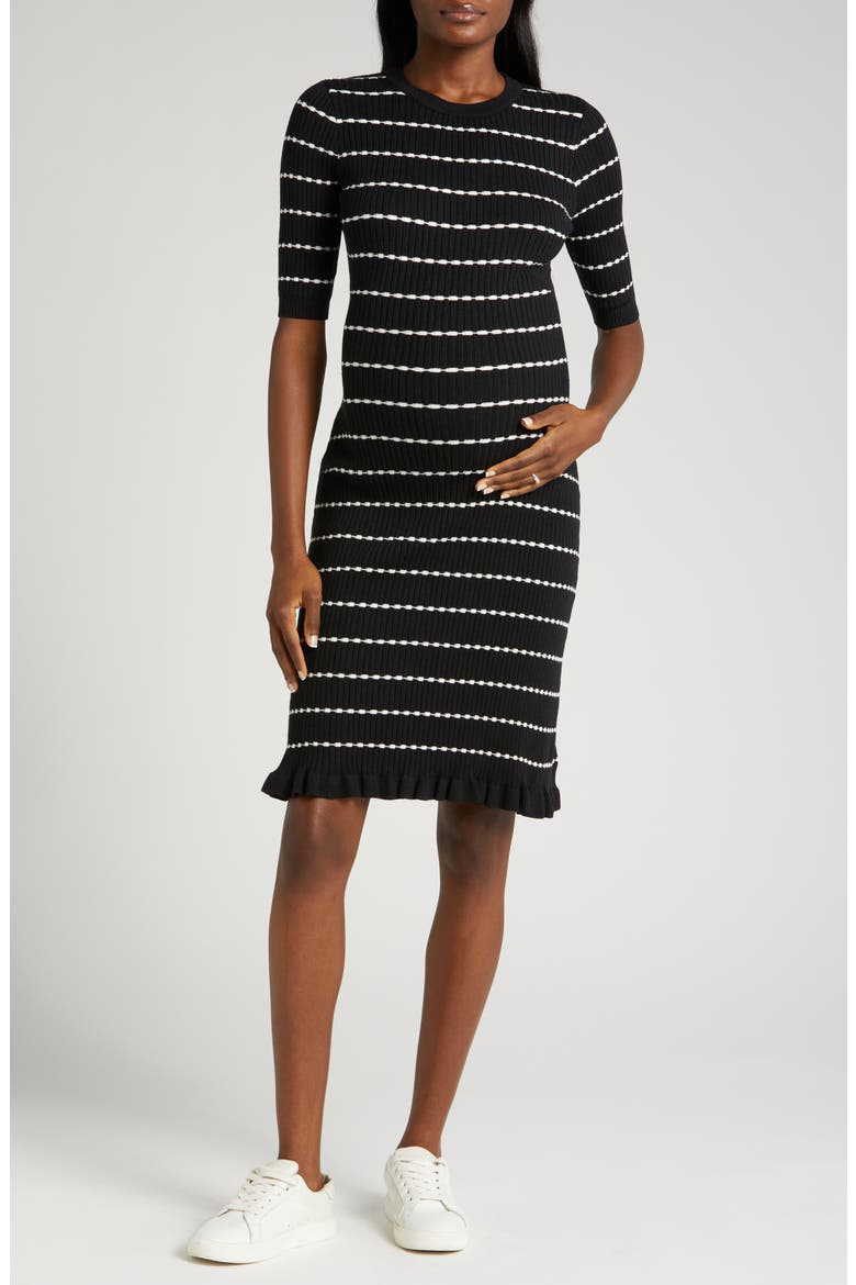 Women's Knee Length Striped Maternity & Nursing Sweater Dress in Cotton Knit, Main, color, BLACK & WHITE