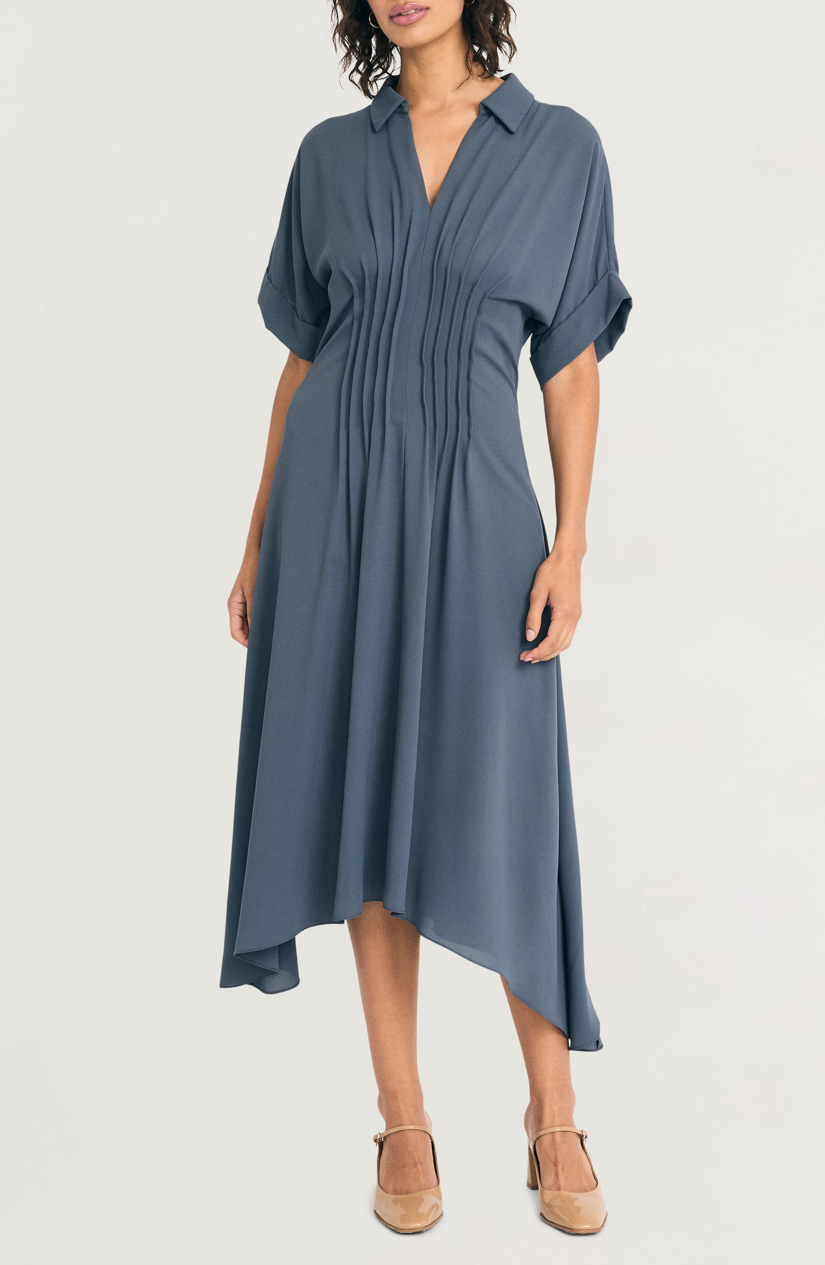 Luxely Short Sleeve Handkerchief Hem Midi Dress