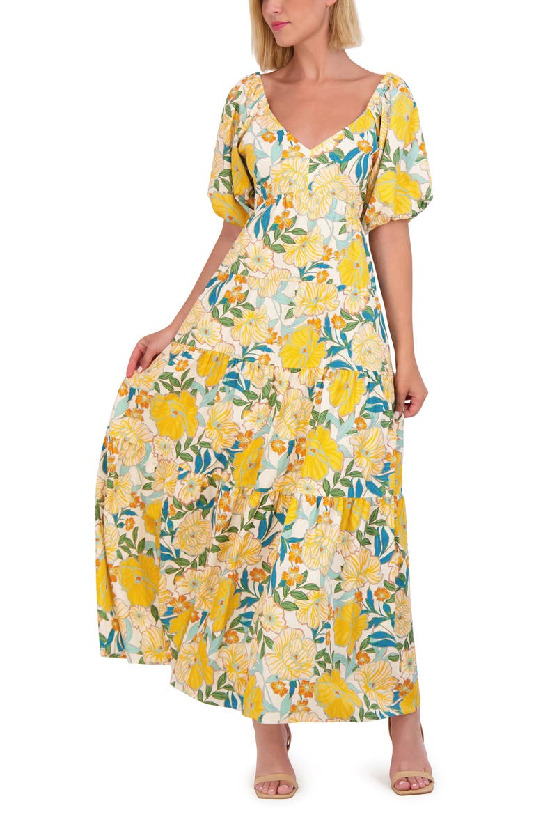 Floral Puff Sleeve Open Back Maxi Dress, Alternate, color, IVORY MULTI
