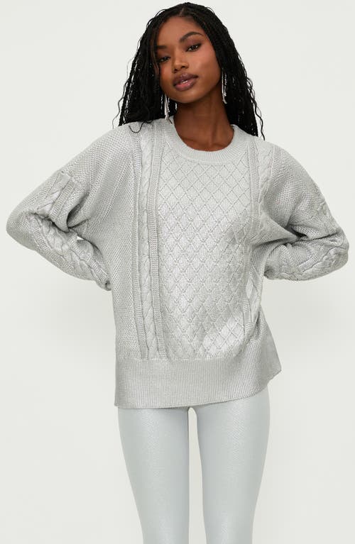 Beach Riot Callie Mix Stitch Metallic Crewneck Sweater In Silver Shine Cable