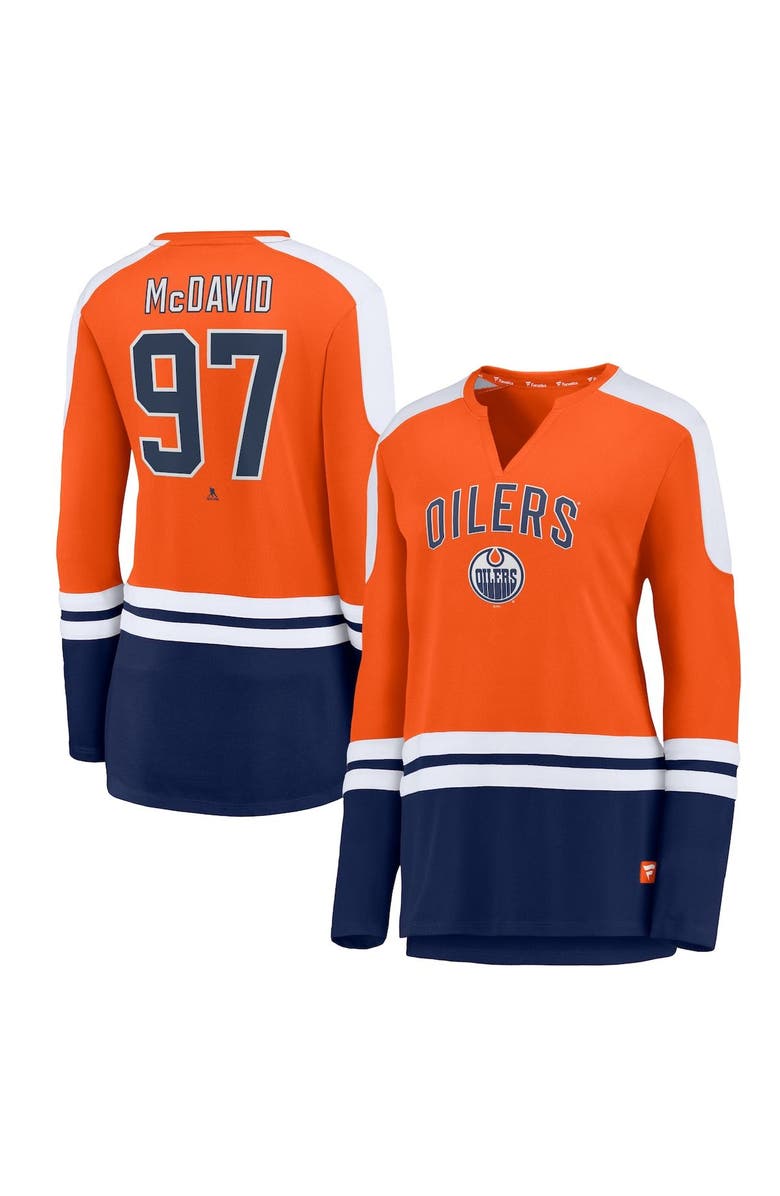 FANATICS Women's Fanatics Branded Connor McDavid Orange/Navy Edmonton Oilers Power Player Long Sleeve Notch Neck T-Shirt, Main, color,