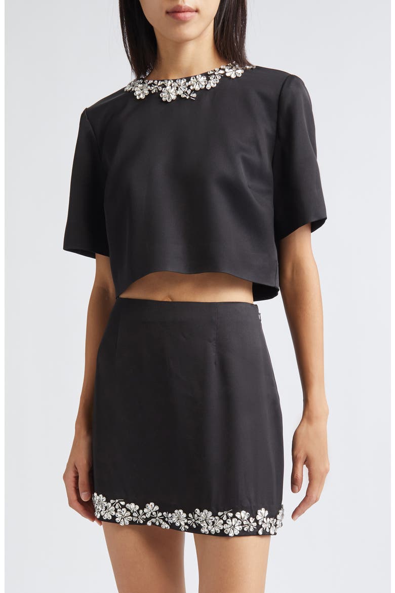 Adona Floral Jewel Embellished Crop Top, Main, color, BLACK