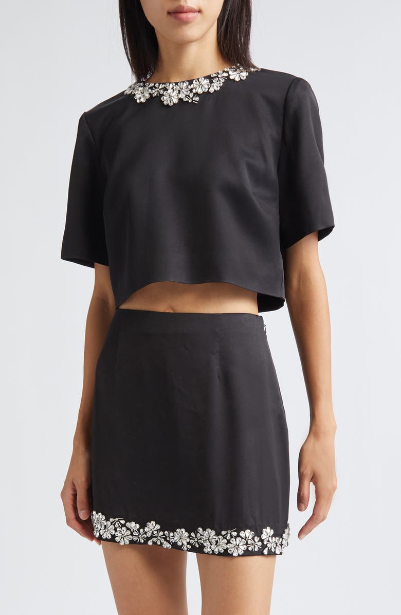 Cinq à Sept Adona Floral Jewel Embellished Crop Top, Main, color, Black