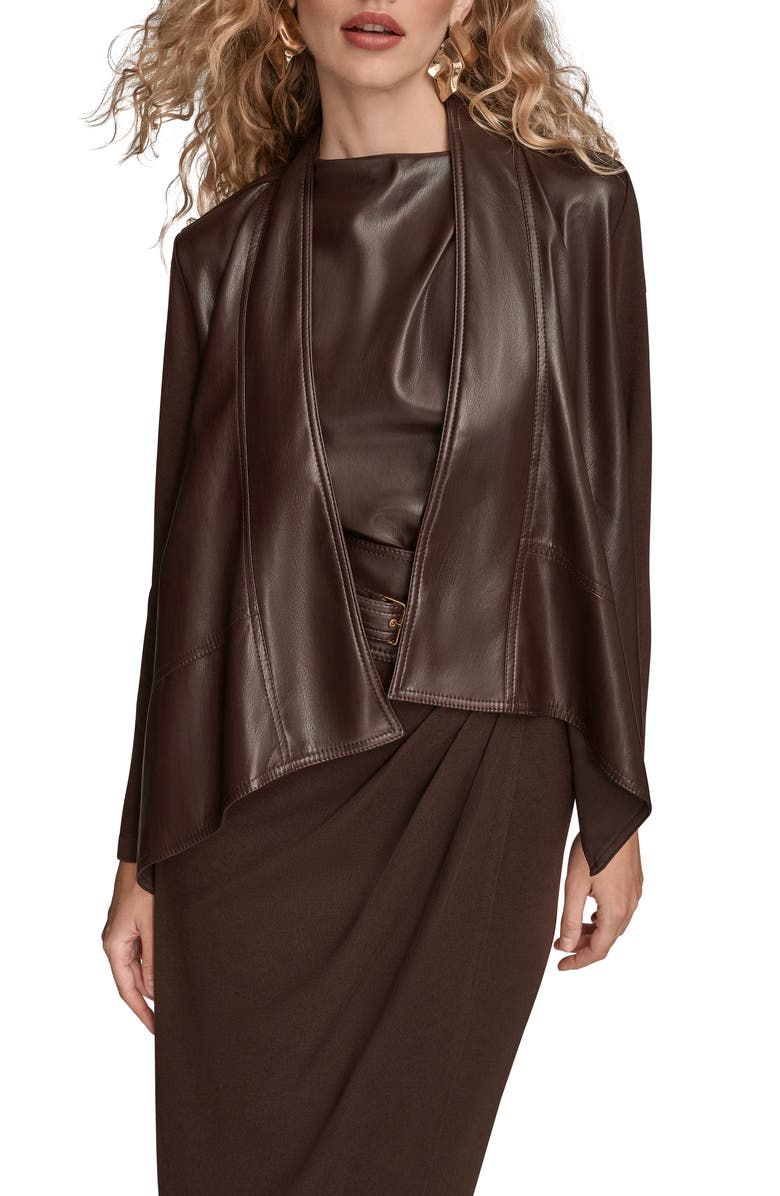 Donna Karan New York Flyaway Faux Leather & Knit Jacket, Main, color, Chocolt Pl