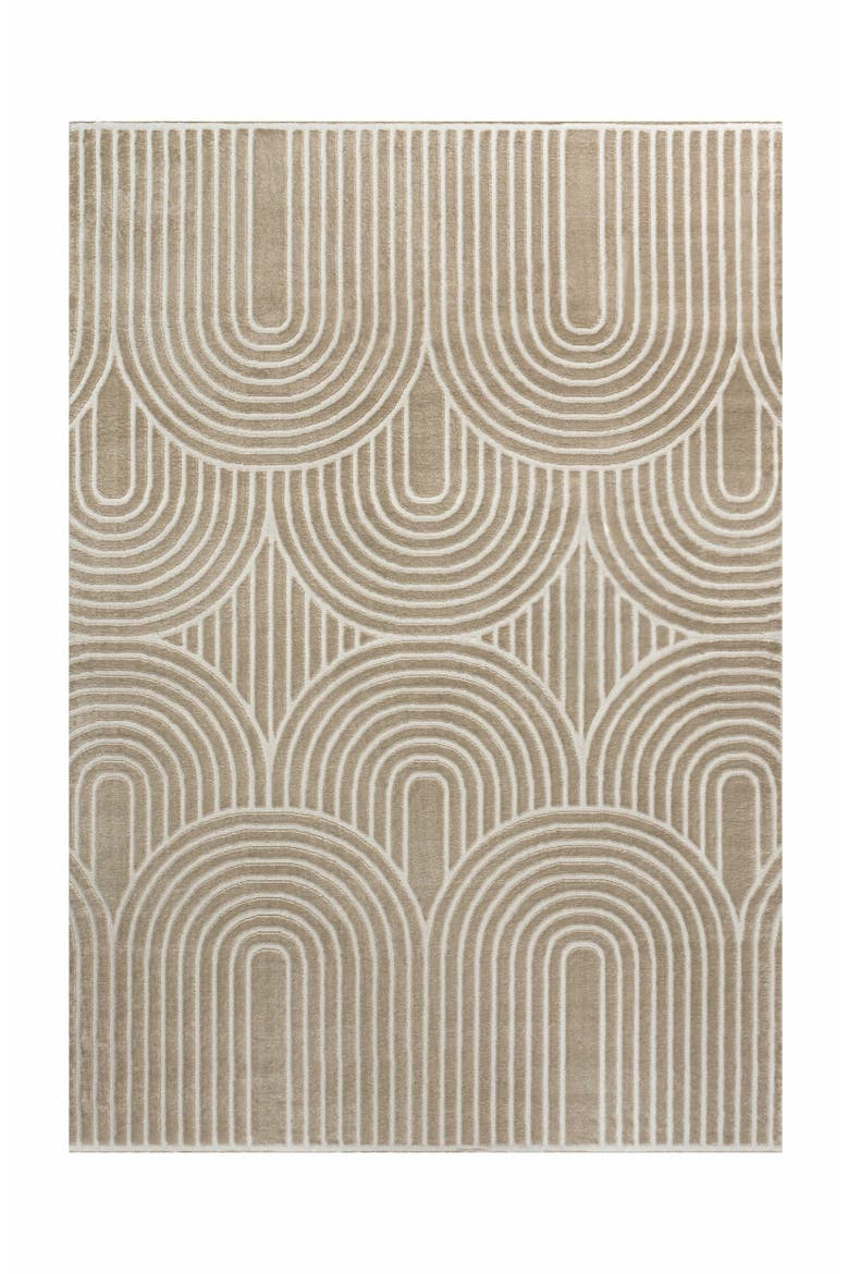 Ariana MidCentury Art Deco Striped Arches Two-Tone High-Low Area Rug, Main, color, Beige/Cream